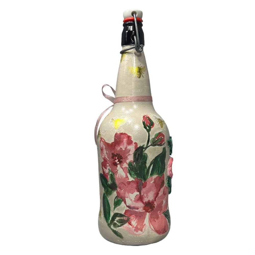 Hand Painted, Decoupaged and Clay Molded Flip Top Glass Bottle Vintage 3D Roses - Picture 9 of 15